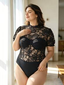Plus Size Lace Petal Sleeve Jumpsuit, Stand Collar Sheer Waist-Cinching Jumpsuit - Black - View 1