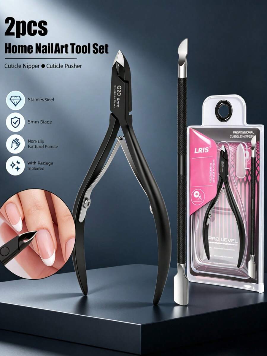 Cuticle Nipper Set 2Pcs 5mm Stainless Steel Black Handle With Cuticle Pusher For Manicure - Black - View 1