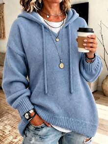 Women's Knit Pullover Sweatshirt, Plus Size Long Sleeve Regular Fit Pullover Sweatshirt, Suitable For Autumn/Winter Daily Wear - Blue - View 3