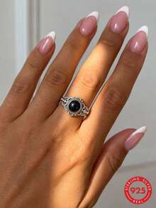 S925 Sterling Silver Vintage Leaf Black Agate Ring, Distressed Carved Design, Niche Women's Finger Ring, Personalized Accessory - Silver - View 3
