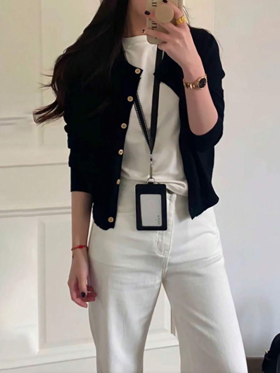 New Early Autumn Black Button Thin Knit Cardigan, Fashion Minimalist Versatile Women's Jacket, Suitable For Office Or Home Wear In Autumn - Black - View 1