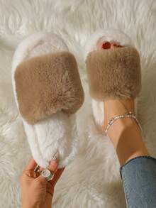 純色懶人毛絨拖鞋，毛茸茸懶人軟底長毛平底拖鞋，懶人居家拖鞋 - 棕色 - 查看 2
