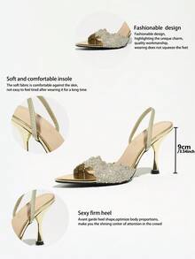 Women's Fashion Lace Embroidery Rhinestone Stiletto High Heel Sandals, Wavy Edge Pointed Toe Gold High Heels, Suitable For Wedding, Banquet, Party, Work, Gathering Occasions, Minimalist Mesh Design Women's Shoes - Gold - View 9