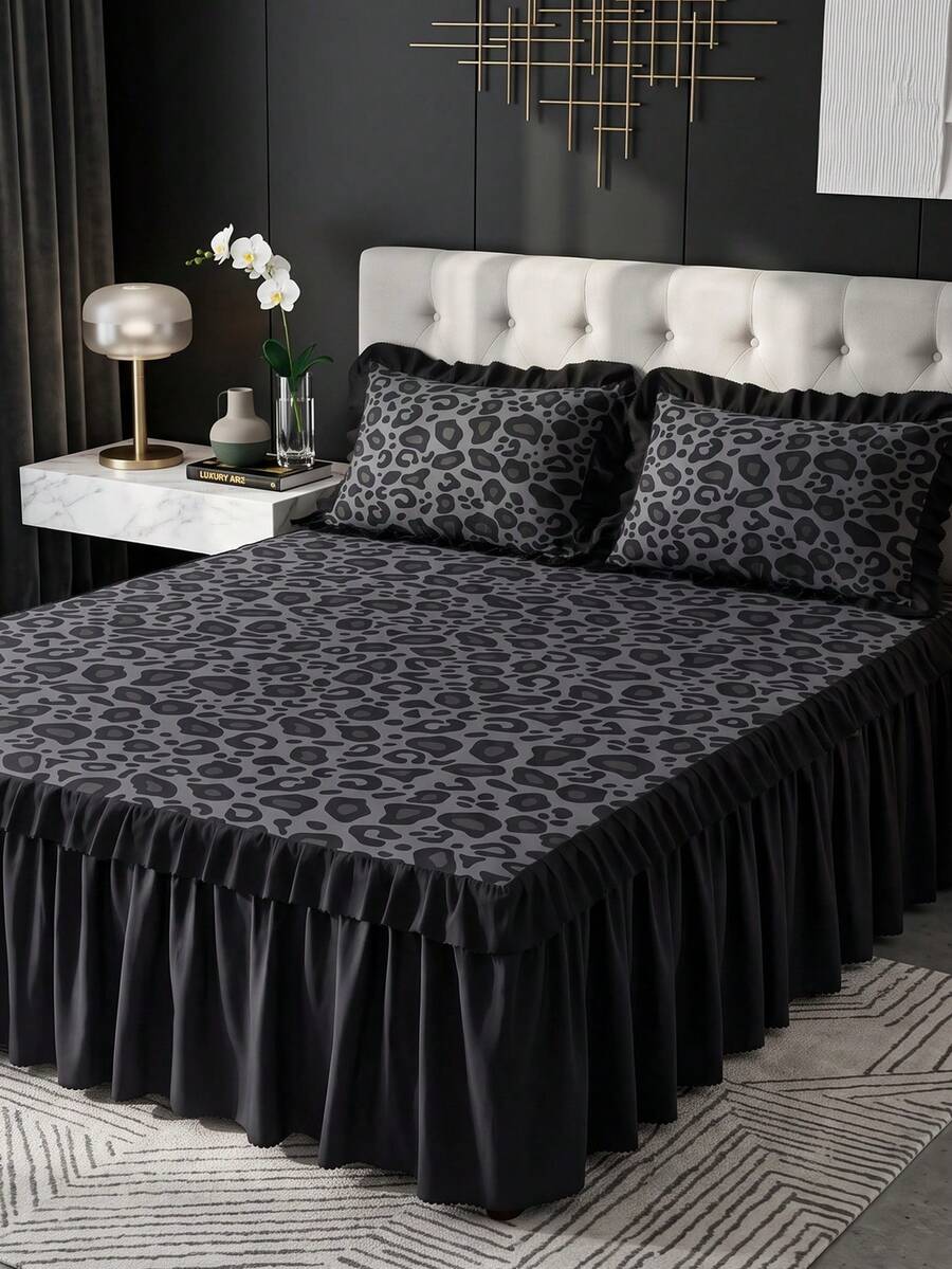 1pc Bed Skirt, Black Leopard Print Bedding, Bed Cover, Bed Sheet, Cozy Room Decor, Home Textile, Ruffle Edge With Elastic Corner Straps, Soft And Breathable, Comfortable, Suitable For Twin/Full/King/Queen Bed, All Season, Machine Washable, Mattress Protector
