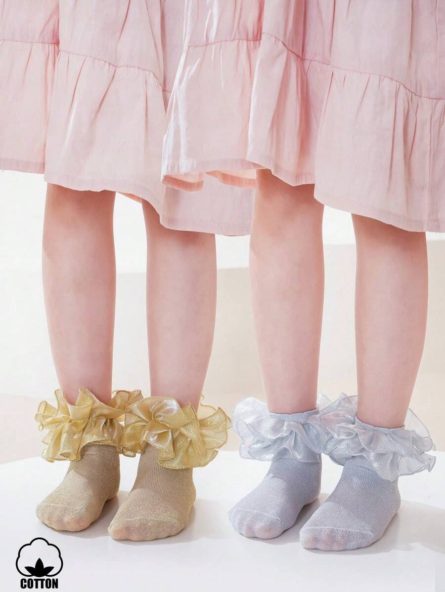 2 Pairs Pure Cotton Fluffy Large Lace Trim Girls Socks, Cute Princess Dance Socks - Multicolor - View 1