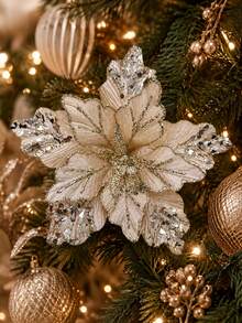 2pcs/Set Artificial Shiny Christmas Flowers Decor,Shiny Anti Fading DIY Fake Flower Ornament,Suitable For Christmas Tree/Wreath Decor,For Xmas Holiday Wedding Party Decor,For Vase Fillers,Tablecenter,Fireplace,Windows Festive Seasonl Home Decor - Multicolor - View 9