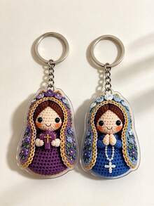 1pc 3D Keychain Pendant, Handmade Crochet Craft Acrylic Dust-Proof Encapsulated, Universal Accessory For Bags, Cars, Backpacks, Cartoon Virgin Mary Design With Floral Border And Cross Element, INS Style Creative Pendant, Personalized Backpack Decoration, Small Gift, Key Storage Wall, Home Decor, Bedroom Decoration - Multicolor - View 1