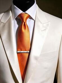 1 Set Men's Fashion Business Solid Color Diagonal Striped Tie, Suitable For Business Meetings, Interviews, Weddings, Parties, Gatherings And Evening Events - Coral Orange - View 2