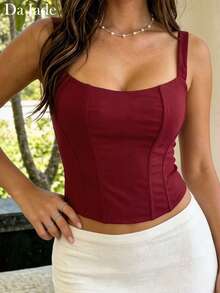 Da Jade Burgundy Adjustable Strap Square Neck Fitted Corset Top, Back Lace-Up Short Camisole, Structured And Elegant, Suitable For Outings, Parties, Date Night - Burgundy - View 6