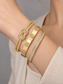 Camhanno 3pcs Gold Zirconia Open Bangle Set, Stainless Steel Cross & Clover Inlaid, Stackable Women's Jewelry Gift - Multicolor - View 4