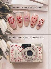 2 Styles Vintage Red Tone Heart, Bow, Star Decorative Stickers, Sweet & Cool Vibe Pattern, Suitable For Phone Case, Earphone, Camera, Nail Art And Other Personalized Creative Multi-Scene Decoration - Decorative Stickers - View 3