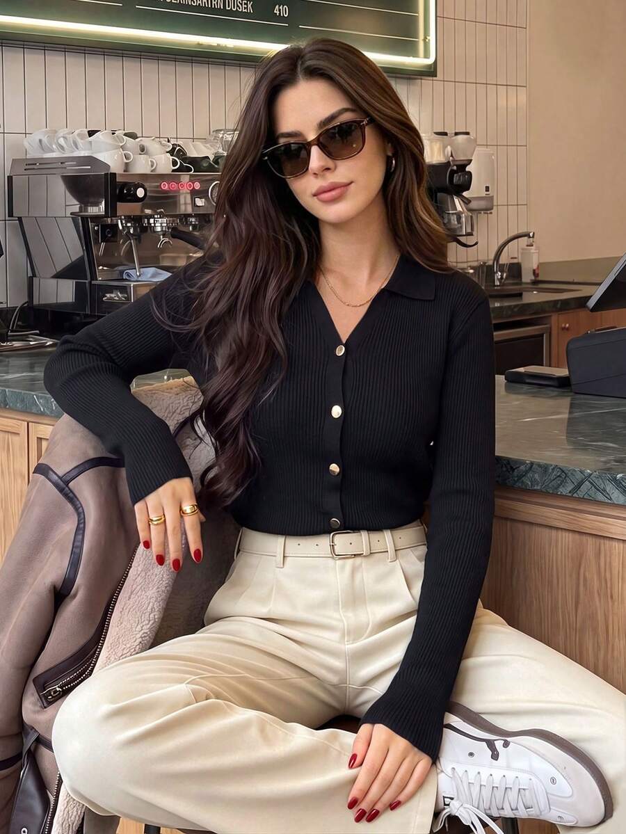 Elegant Casual Women's V-Neck Lapel Front Button Knit Cardigan Sweater, Versatile All-Match Style, Reversible Design - Black - View 1
