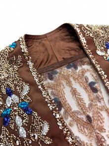 UNITHORSE V-Neck Long Sleeve Sequin Embroidered Knit Dress - Coffee Brown - View 7