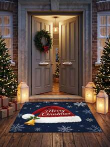 1pc Christmas Doormat - Velvet Material, With Christmas Hat And Snowflake Print, Suitable For Indoor Entrance Decoration, Perfect Choice For Holiday Home Welcome Mat And Seasonal Living Room Decor - A - View 4