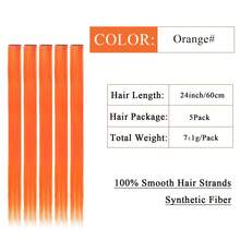 5 Pcs Orange Hair Extensions | 24" Clip In Hair Extension | Colourful Straight Long Hair Extensions Clip In Hair Synthetic Straight Hair - Orange - View 3