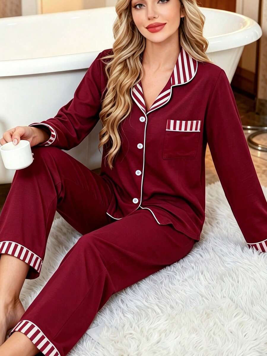 Women's Striped Pajama Set, Long Sleeve Notched Collar Top & Long Straight Pants 2 Pieces Lounge Set, Sleepwear For Spring Autumn Winter Home Outfit - Burgundy - View 1