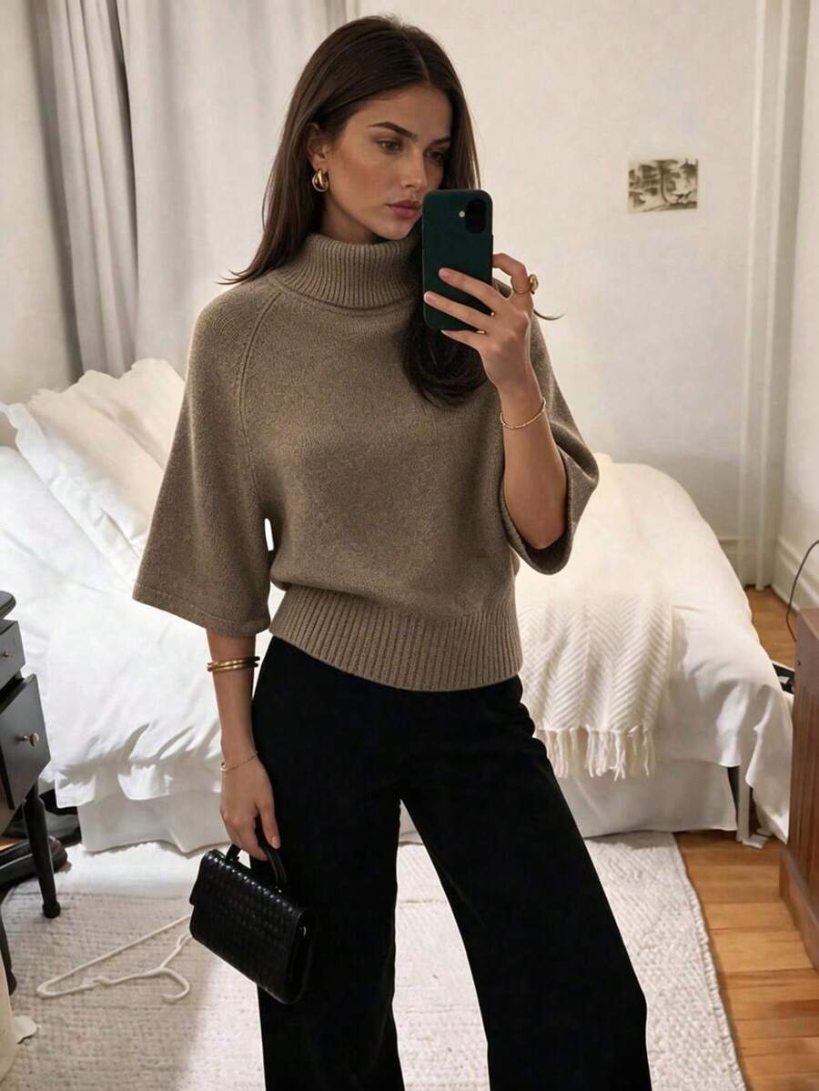 Autumn/Winter New Women's High Neck Short Sleeve Knit Top - Mocha Brown - View 1