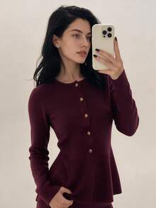 Women's Burgundy Round Neck Front Button Ruffle Knit Sweater, Long Sleeve, All Season, Commute Office Casual Daily Wear - Burgundy - View 3