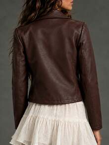 Women's Burgundy Faux Leather Asymmetrical Zipper Motorcycle Jacket, Collar, Long Sleeve, Regular Length, Non-Stretch Fabric, Autumn - Coffee Brown - View 4