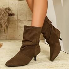 Women's New Autumn/Winter Fashion Pointed Toe Ruched Slip-On Stiletto High Heel Ankle Boots, Mid-Calf Boots For Skirts And Jeans - Coffee - View 7