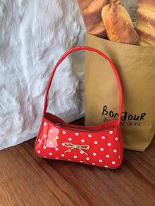 Girls Sweet Polka Dot Underarm Bag, Bow Decor Handheld Small Bag, Versatile One Shoulder Baguette Bag, Outfit Accessory - A - View 11