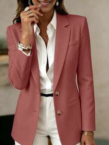 Women's Long Sleeve Lapel Button Jacket, Regular Length Knitted Fabric Lightweight Blazer, Creating Elegant And Fashionable Academic Style - Dusty Pink - View 4