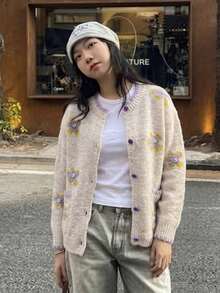 Cardigan Sweater Bordir Bunga Rajutan 3D, Leher Bulat, Kancing Depan, Trim Bergaris, Lengan Panjang, Beige, Pakaian Rajut Musim Gugur Elegan untuk Lapisan Kasual - Aprikot - View 2