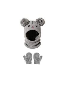 3pcs/Set Cute Rabbit Mouth Print Knitted Hat And Gloves Set With Pom Poms, Baby Winter Warm & Cold-Proof Outfit For Boys And Girls, Christmas/Thanksgiving Gift - Multicolor - View 7