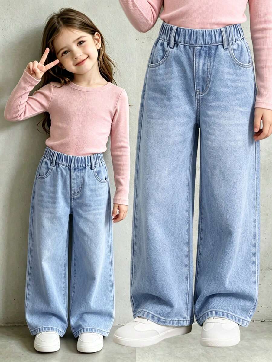 Young Girl Elastic Waist Pocket Loose Straight Leg Denim Jeans - Blue - View 1