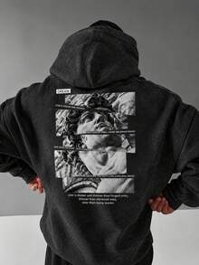 Men's Washed Distressed Tie-Dye Hoodie, Autumn/Winter, Back David Statue Graphic & English Text Print, Drawstring Loose Fit Pullover Sweatshirt - Black - View 3