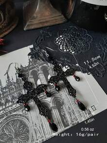 1 Pair European & American Retro Gothic Texture Cross & Waterdrop Glass Crystal Dangle Earrings For Women, Daily Wear - Black - View 9
