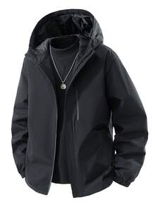 Jaket Pria Hitam Berkerudung dengan Kantong Resleting dan Tali Serut di Tudung, Pakaian Luar Kasual Gaya Streetwear - Hitam - View 3