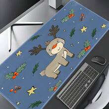 1pc Blue Cute Reindeer Christmas Extra Large Extended Mouse Pad, With Holly And Star Print, Non-Slip Rubber Bottom, Stitched Soft Cloth Keyboard Desk Mat, Suitable For Gaming, Office Decor And Christmas Gift - View 3