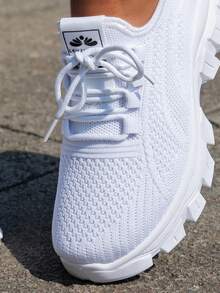 New Versatile Mesh Color-Block Casual Shoes For Women, Breathable And Non-Stuffy, First Choice For Running And Fitness, Comfortable And Lightweight With Lace-Up Design, Suitable For All Seasons - White - View 7