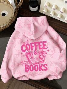 Coffee Book Letter Print Sweatshirt, Plus Size Women's Casual Autumn/Winter Long Sleeve Pocket Sweatshirt, Suitable For Winter Holidays, Beach, Vacation. Suitable For Daily Wear, Outing Tops, Outings, Holidays, Beach, Parties, Balls, School, Graduation, Luxury, Vacation, Commuting, Fitness, Weddings, Fashion, Winter Tops, Women's Autumn, Women's Holidays - Pink - View 3