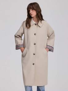 French Vintage Old Money Style Single-Breasted Long Trench Coat Plaid Colorblock Cuffed Sleeve Jacket - Khaki - View 8