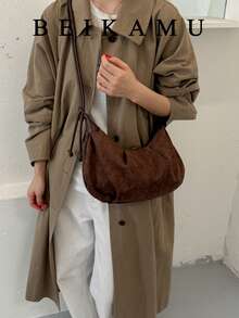 Women's Vintage Faux Suede Crescent Hobo Bag, Ruched Underarm Bag With Adjustable Drawstring Shoulder Strap, Casual Crossbody Bag - Coffee - View 4