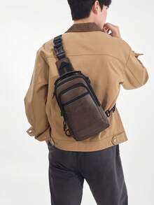 Men's Vintage PU Leather Chest Bag, Multi-Pocket Large Capacity Crossbody Shoulder Bag, Casual Handheld Chest Bag For School, Commute, Travel, Phone Storage - Multicolor - View 4