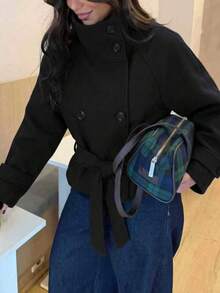 女款黑色仿羊毛面料高領雙排扣繫帶大衣，落肩長袖，秋冬時尚必備 - 黑色 - 查看 1