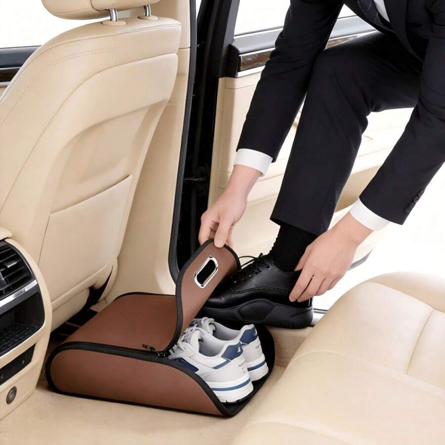 Portable Car Storage Shoe Box, PU Material, Car Organizer Storage Box, Trunk Storage Box, Vehicle Supplies Storage, Dedicated Shoe Storage For Passenger Seat, Black/Brown Optional V - Multicolor - View 1