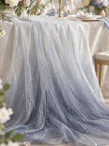 1pc Gradient Sequin Tulle Fabric, White To Grey Gradient Semi-Transparent Mesh With Iridescent Wavy Sequin Lines, Lightweight Shiny Polyester Mesh, Suitable For Wedding Dress, Bridal Veil, Evening Gown, Photo Backdrop, Party Decor And DIY Crafts - Multicolor - View 5