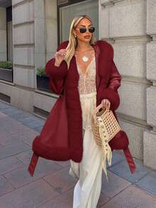 Giolshon 女款 PU 外套，附人造毛皮內裡、連帽與腰帶，極簡時尚，適合秋冬穿著 - 酒紅色 - 查看 4