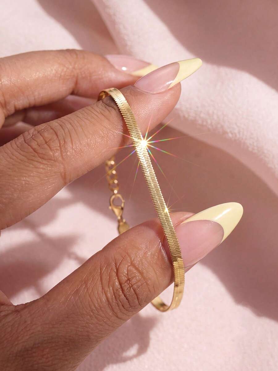 1 pieza Brazalete de cadena de serpiente plano de moda para mujer, adecuado para la fabricación de joyas DIY y el uso diario, accesorio ideal para niñas - Pulsera de eslabones planos tipo serpiente - Ver 1