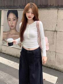 韓式甜辣風粉色女款長袖T恤 秋冬半開領修身顯瘦內搭打底上衣 - 白色 - 查看 1