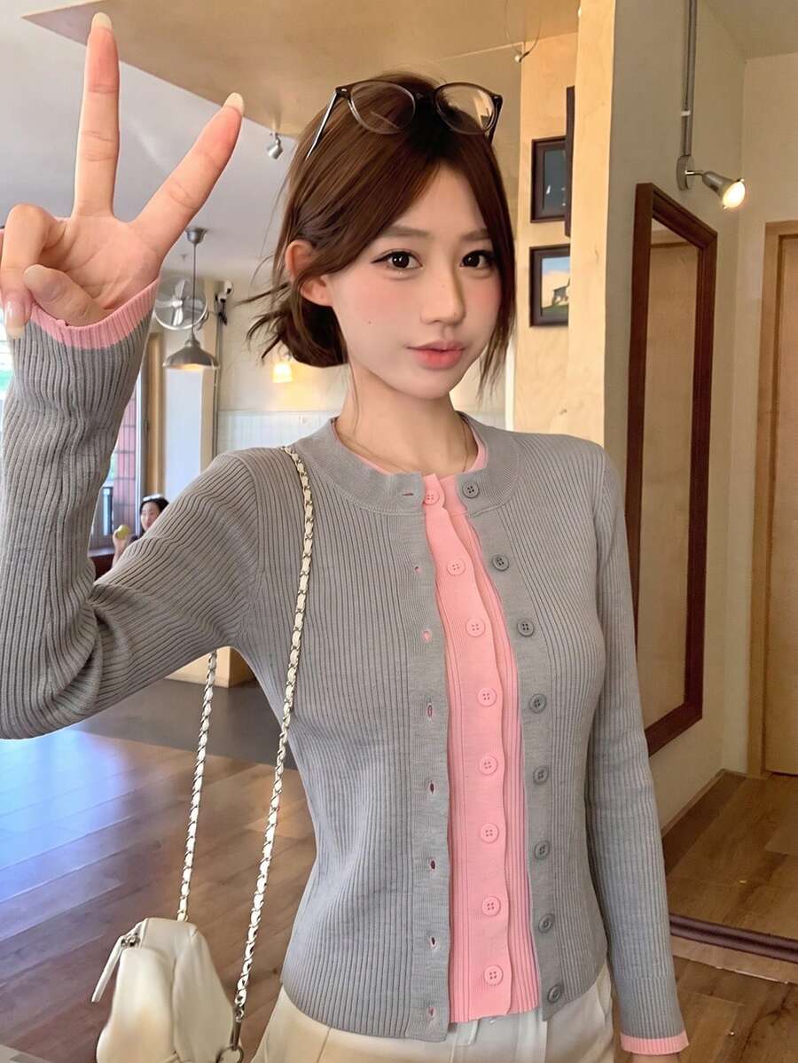 French Gentle Style Sweet Long Sleeve Contrast Color 2 In 1 Knit Cardigan Jacket Women's Early Autumn Slim Fit Flattering Short Outerwear Top - Grey and Pink - View 1