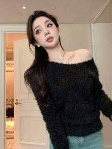 V-Neck Solid Color Fluffy Mid-Length Knitted Base Layer Top, Autumn/Winter - Black - View 5