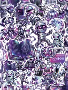 50Pcs PP Cyber Halloween Stickers, Cyberpunk Halloween Style, Including Neon Ghosts, Mechanical Pumpkins, Witch Cats, Holiday English Slogans Elements, For Journal Collage, Water Bottle, Luggage, Skateboard, Notebook, Storage Box, DIY Craft Decor - Multicolor - View 3