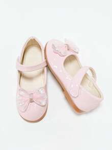 1 Pair Girls' Soft Nude Pink Princess Mary Jane Shoes With Hook And Loop, Mesh, Rhinestone Bow, Versatile For Birthday Party, Performance And Everyday Wear - Pink - View 2