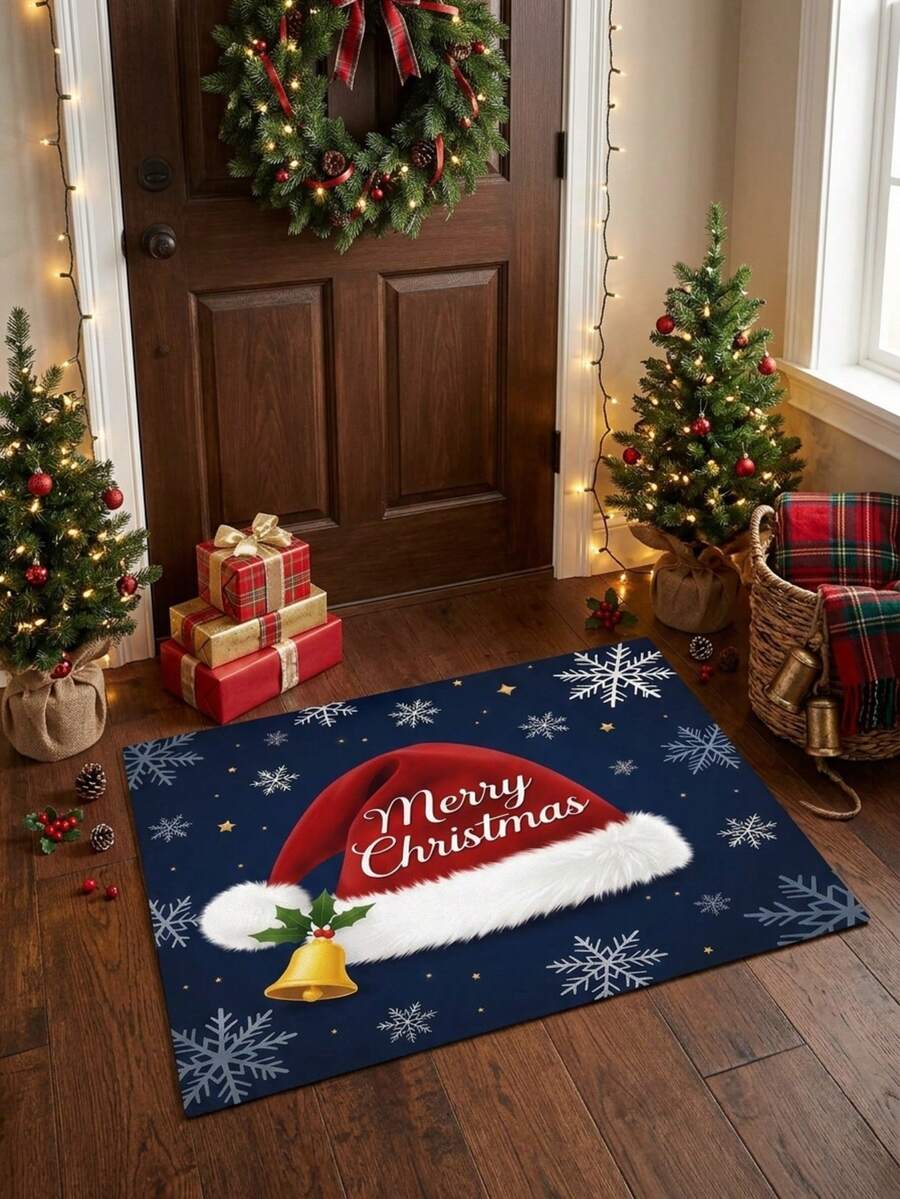 1pc Christmas Doormat - Velvet Material, With Christmas Hat And Snowflake Print, Suitable For Indoor Entrance Decoration, Perfect Choice For Holiday Home Welcome Mat And Seasonal Living Room Decor - A - View 1