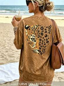 Summer Casual Loose Digital Print Leopard Pattern Women Plus Size Short Sleeve Fashion Leopard Print T-Shirt - Brown - View 4